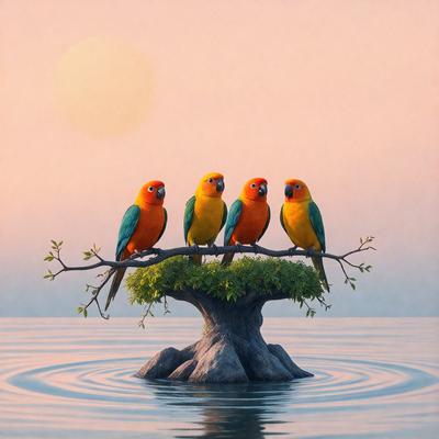 The primary subject of the image is a group of four colorful birds perched on a tree branch. The birds are sitting close to each other, creating a sense of unity and harmony. The setting is a serene environment, with the birds sitting on a branch overlooking a body of water. The visual style of the image is a combination of photo and digital art, giving it a realistic yet artistic appearance. The colors and mood of the image are vibrant and lively, with the birds' vivid colors contrast